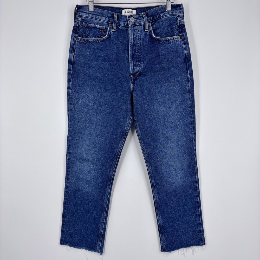 AGOLDE Riley High Rise Straight Crop Jeans Women‎ 27 Blue Raw Hem Organic Cotton